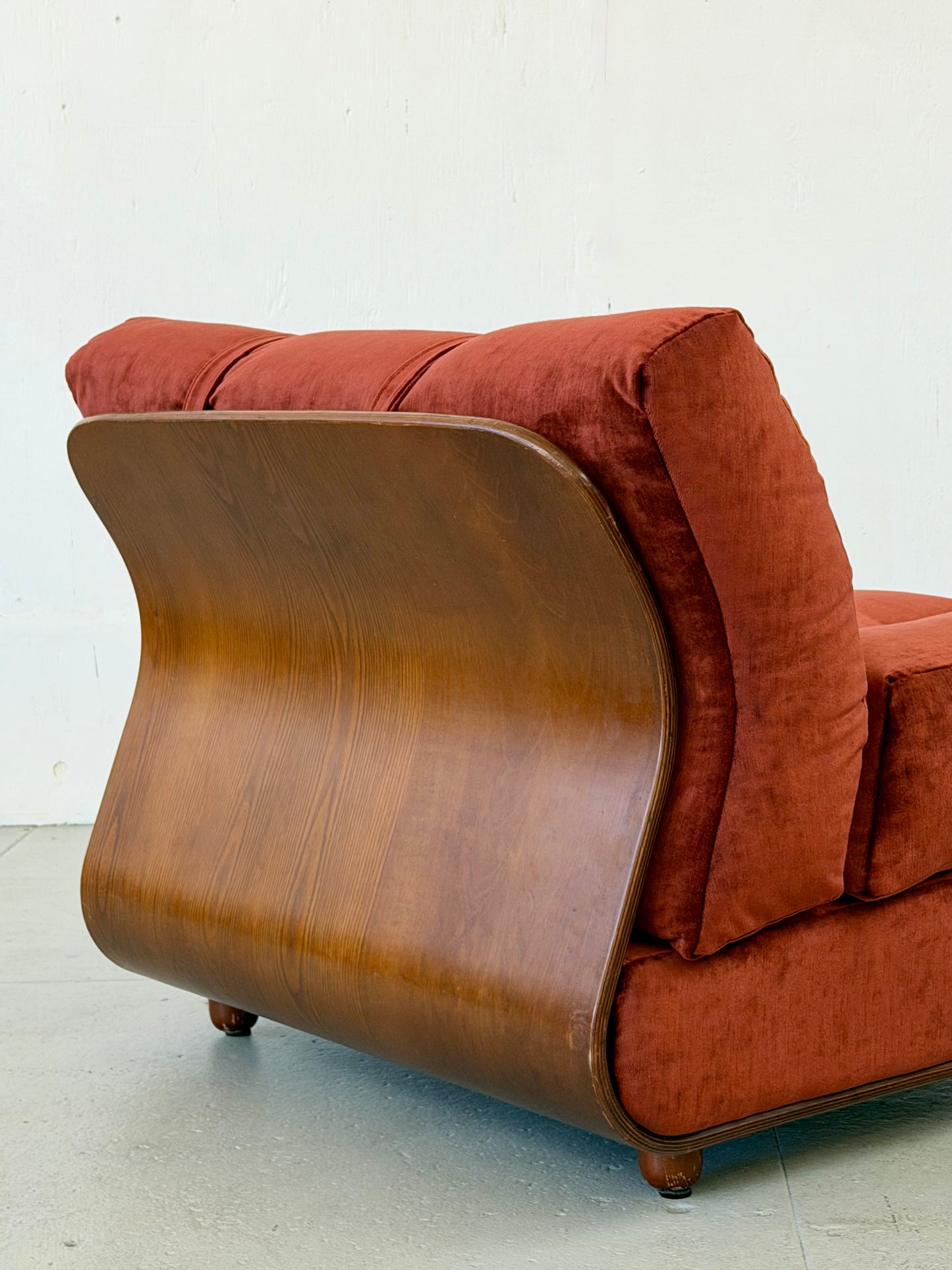 Walnut bentwood lounge chair in maroon velvet, angled view