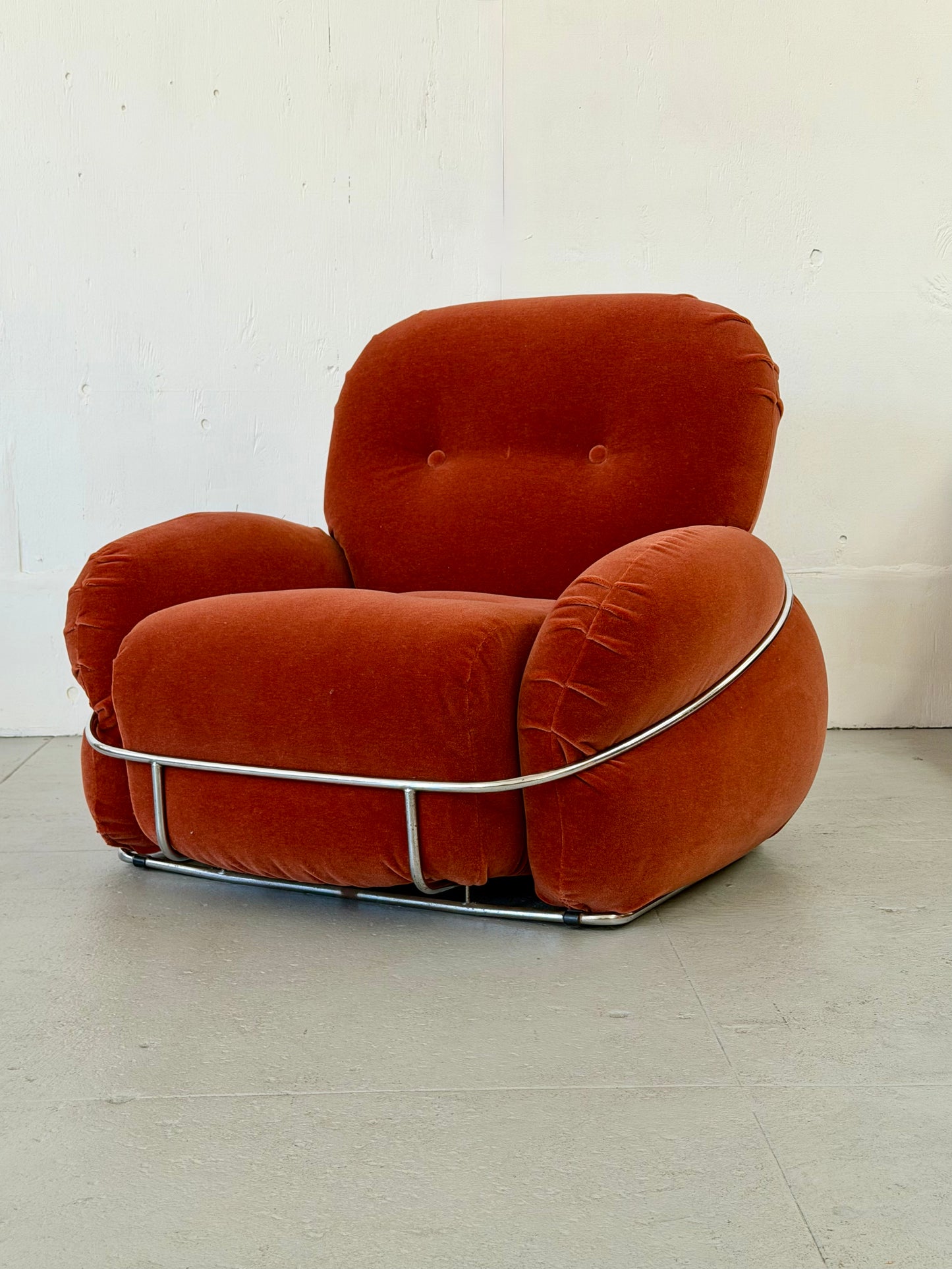 Adriano Piazzesi 'Okay' series lounge chair with chrome frame, reupholstered in rose mohair, front view