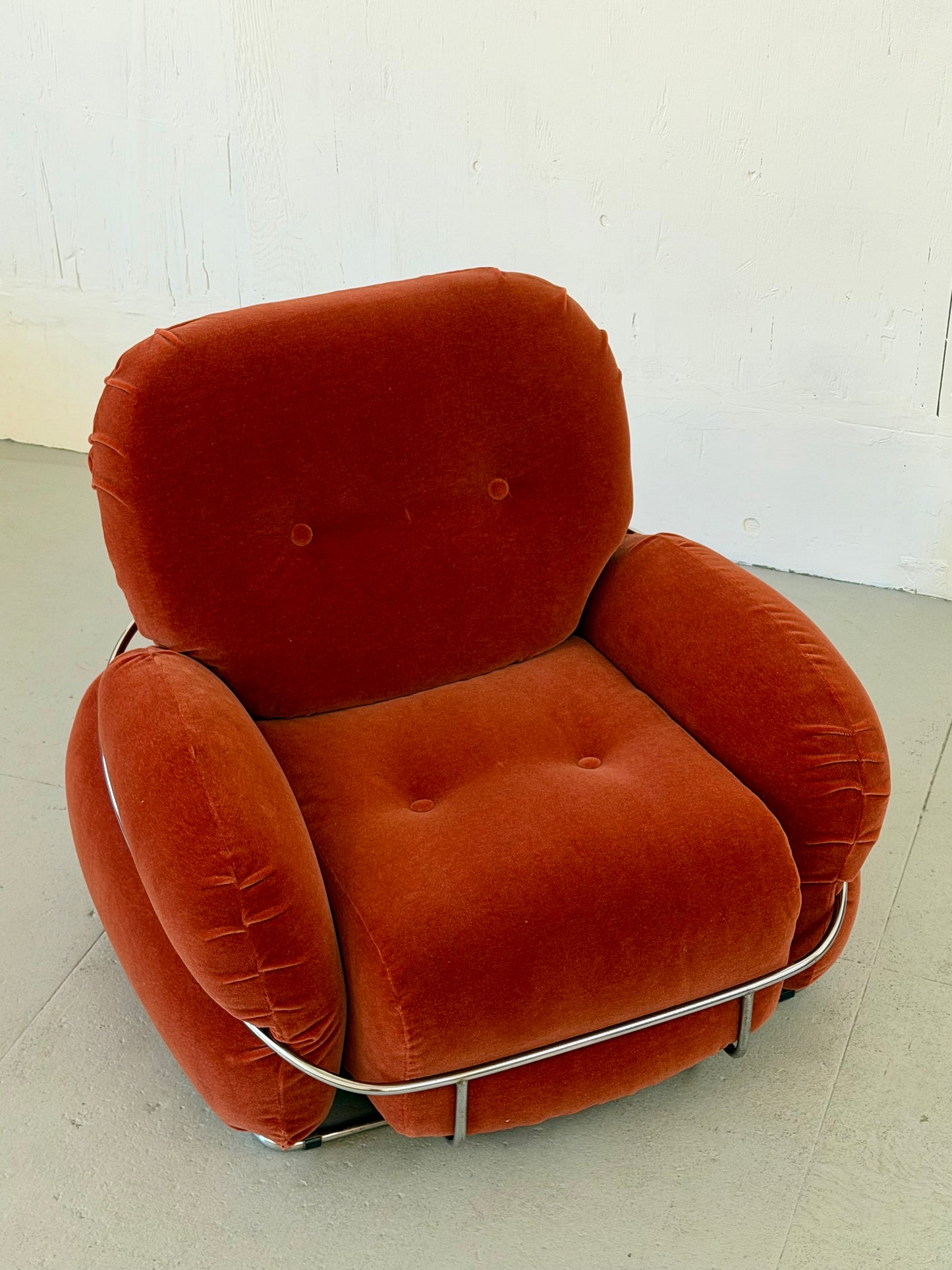 Adriano Piazzesi 'Okay' series lounge chair in rose mohair, side view showing chrome frame